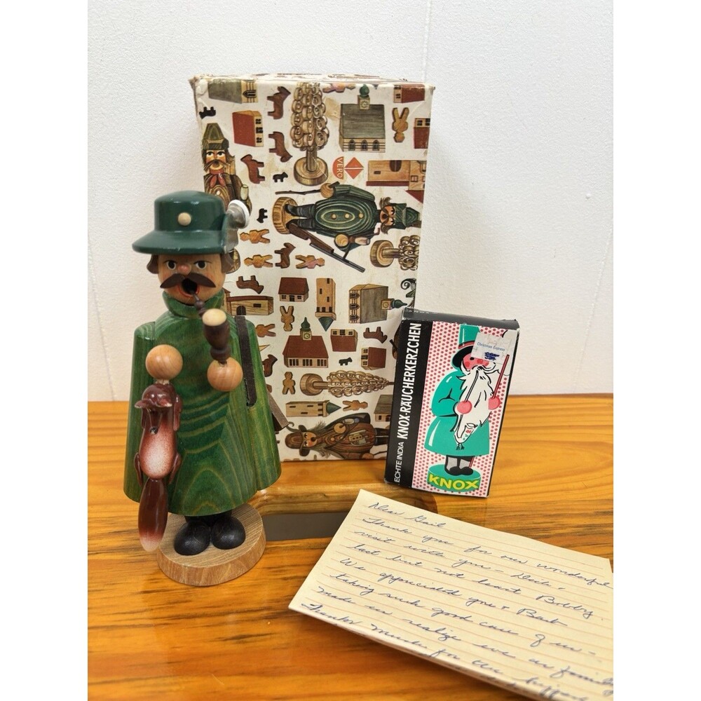 Vtg Erzgebirgische Wooden‎ Incense Smoker Fox Hunter Germany Orig Box & Incense